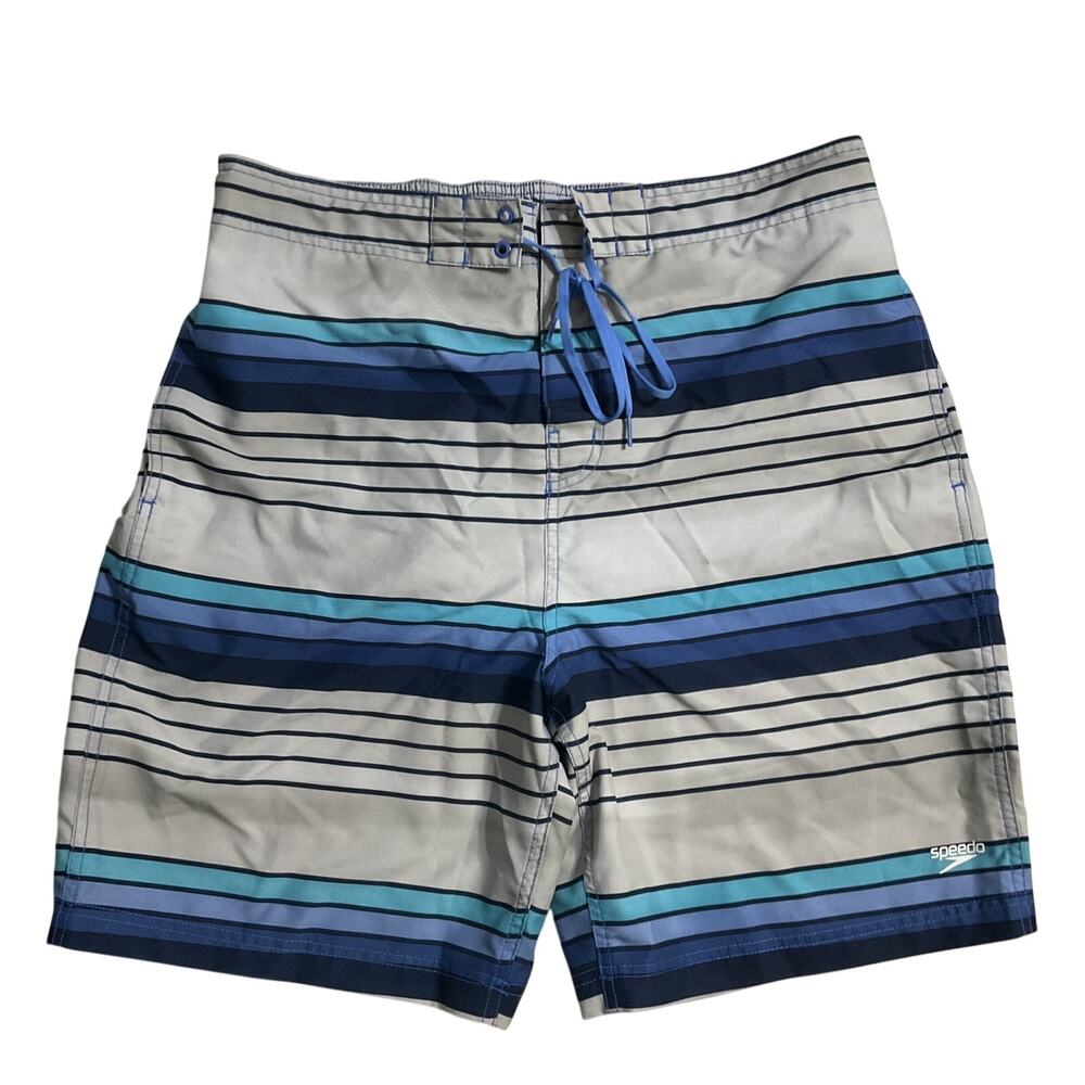 Speedo Men Swimwear XL Blue Swim Trunks Striped Logo 8" Inseam Lightweight